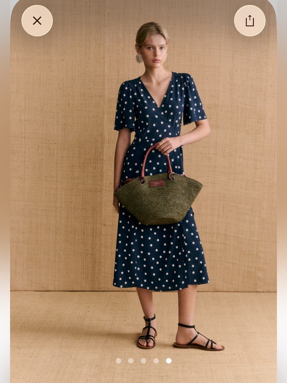 Sezane Navy and White Polka Dot Wrap Midi Dress size 38